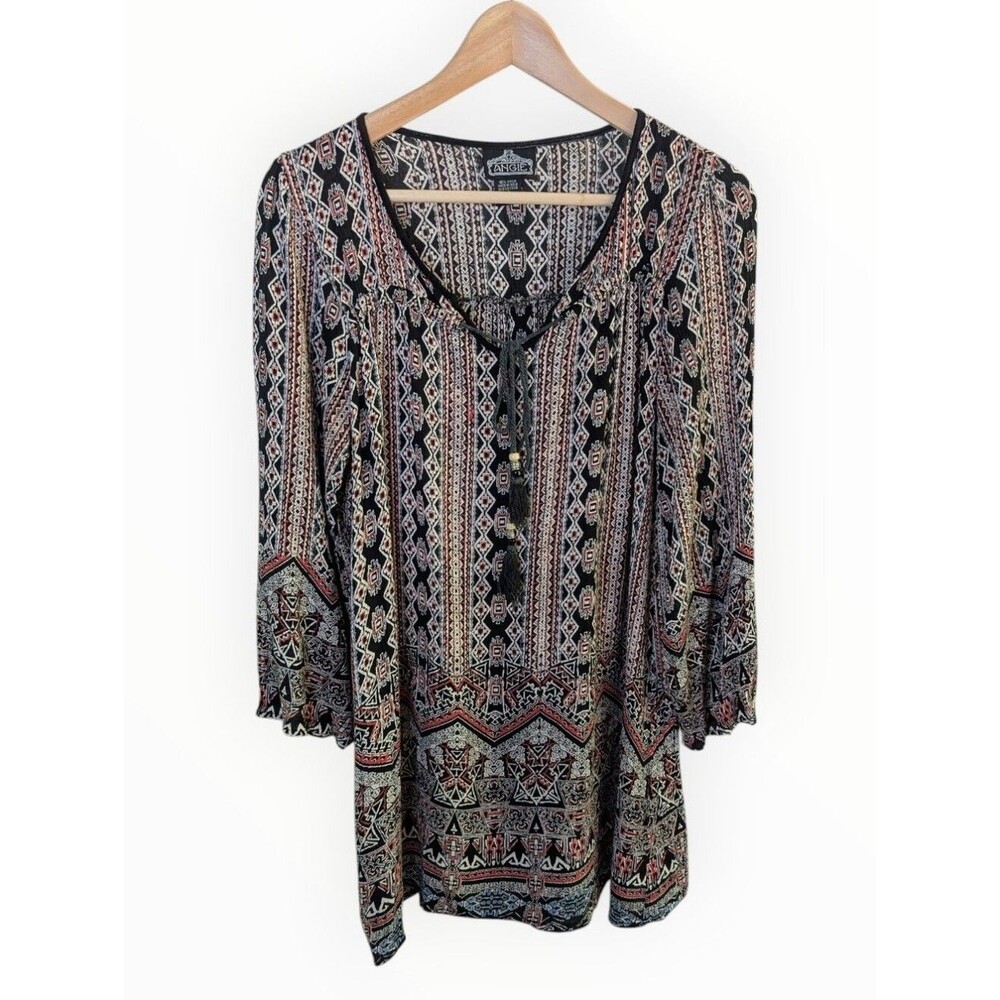 Angie Boho Tribal-Print Peasant Tunic with Tassel Tie Small